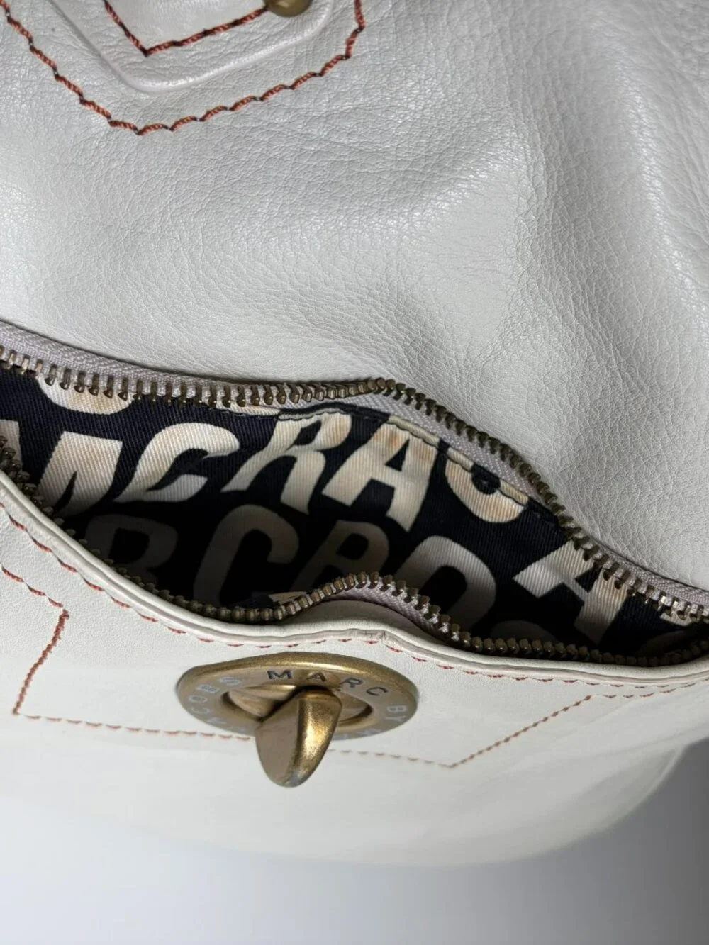 Marc by Marc Jacobs Cream Leather Turnlock Bag Antique Brass Y2K
